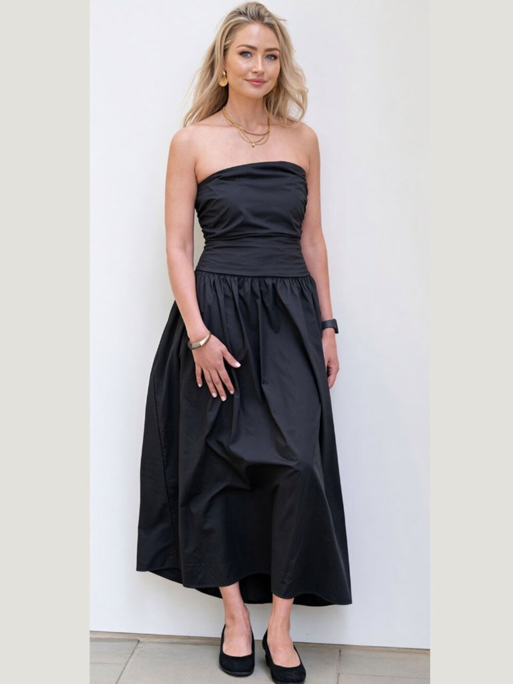NWT Band of the Free Black Strapless Maxi Dress Ruched Back Pockets Boho Size L